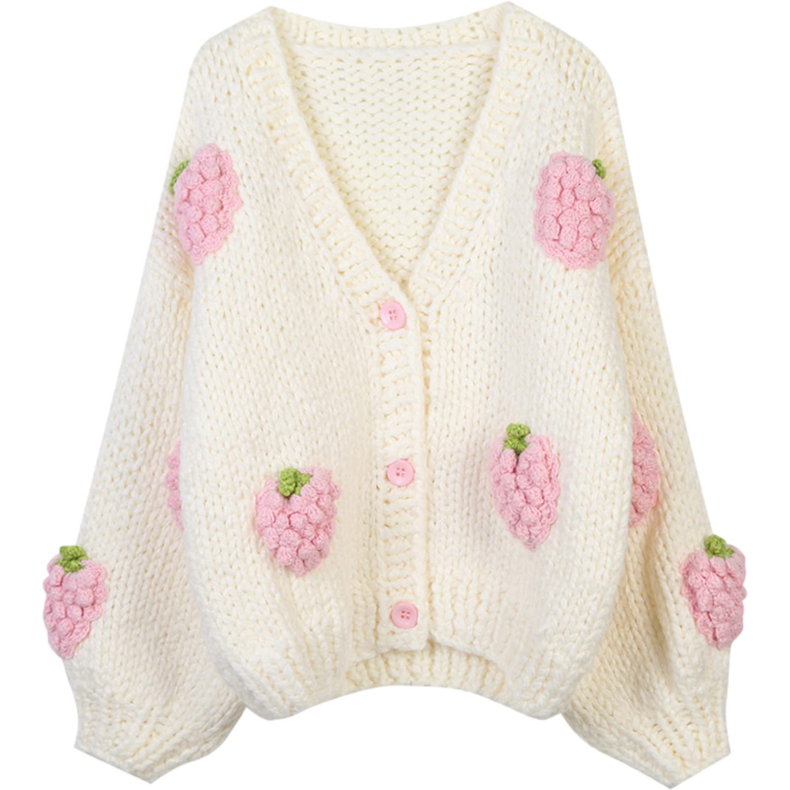 3D Pink Strawberry Pattern Woman Sweater White Knit Cardigan Cute Button V-neck